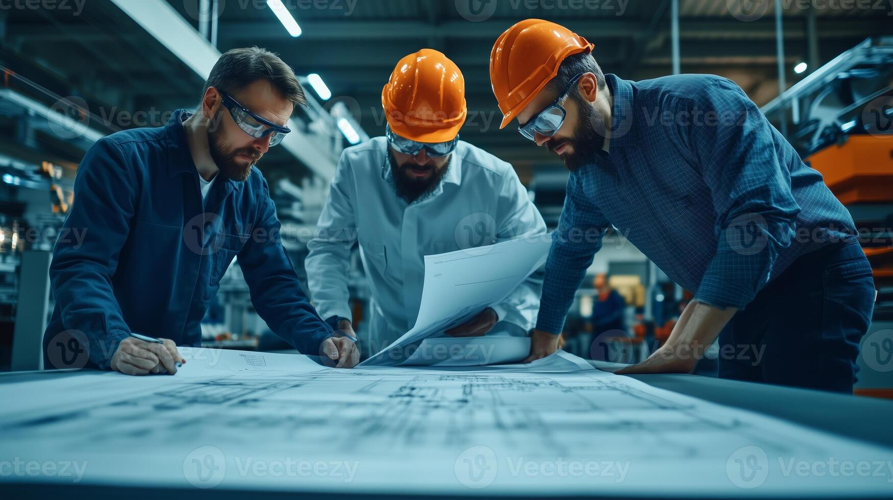 Three engineers examine blueprints in a factory during a collaborative project meeting focused on construction plans photo