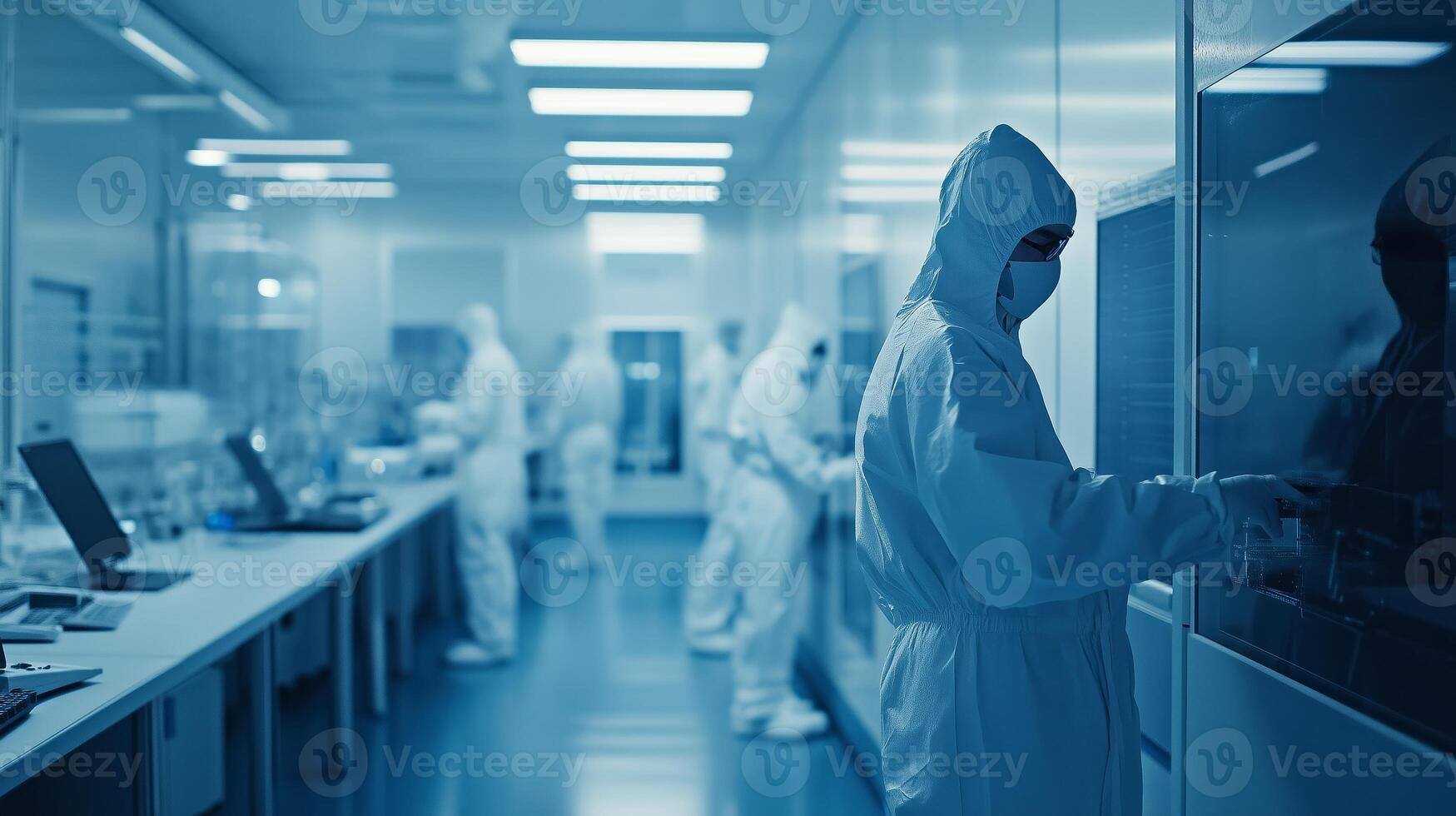 Researchers in laboratory coats work on experiments in a modern lab equipped with advanced technology during the evening hours photo
