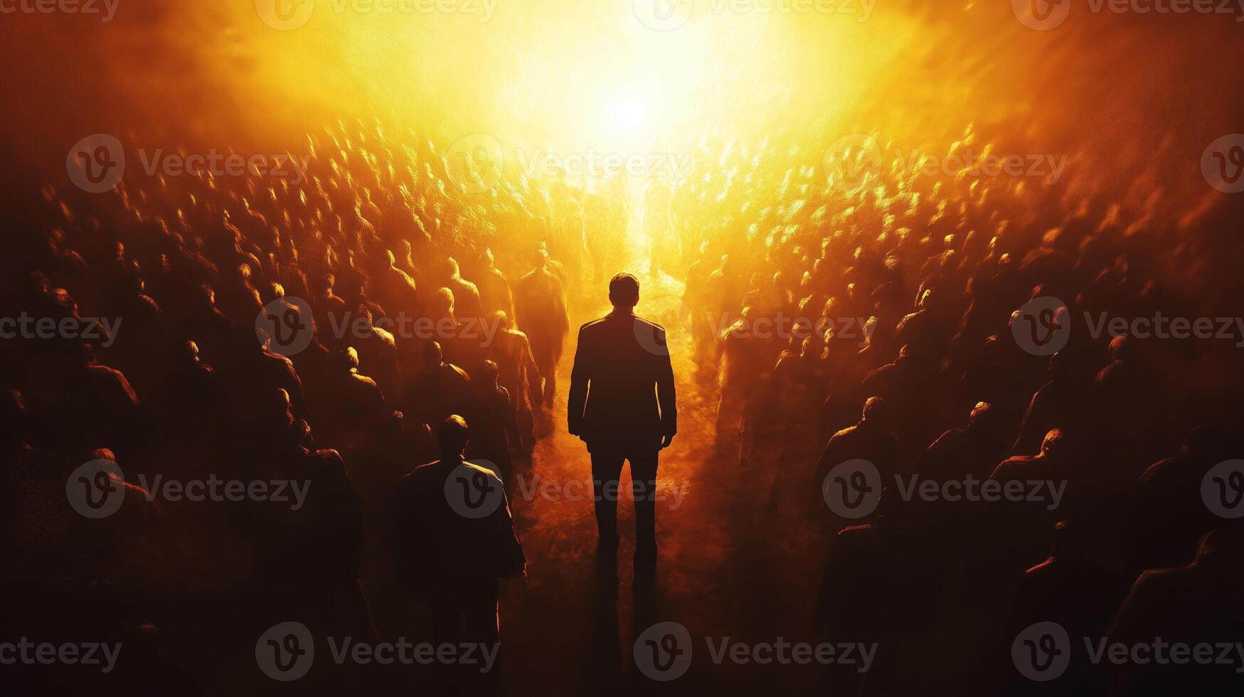 A lone figure stands before a bright light amid a crowd during an intense gathering at dusk, conveying a powerful moment of contemplation photo