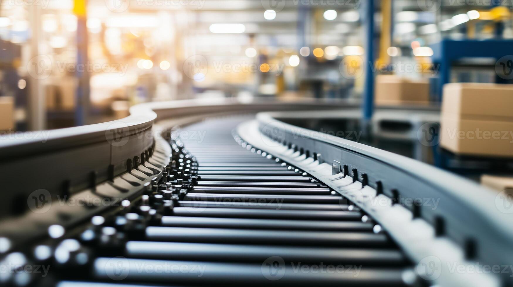 Curved conveyor belt transporting packages in an automated warehouse during daylight hours photo