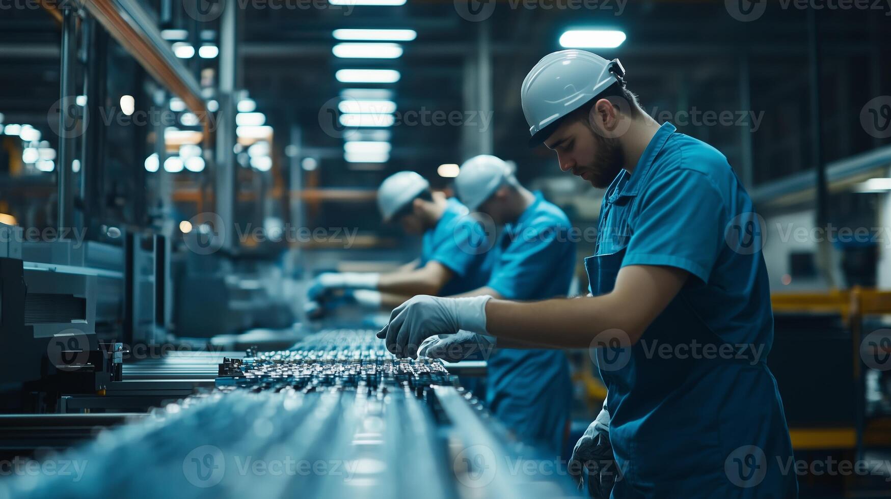 Workers assembling electronic components in a modern factory during daylight hours photo