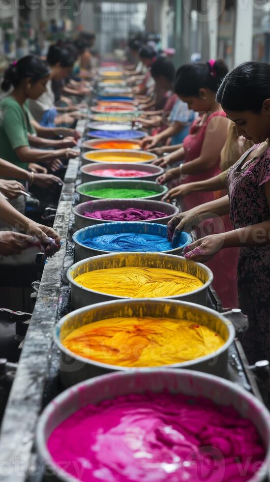 People engage in vibrant dyeing process at a textile workshop in India, showcasing colorful bowls filled with various pigments photo