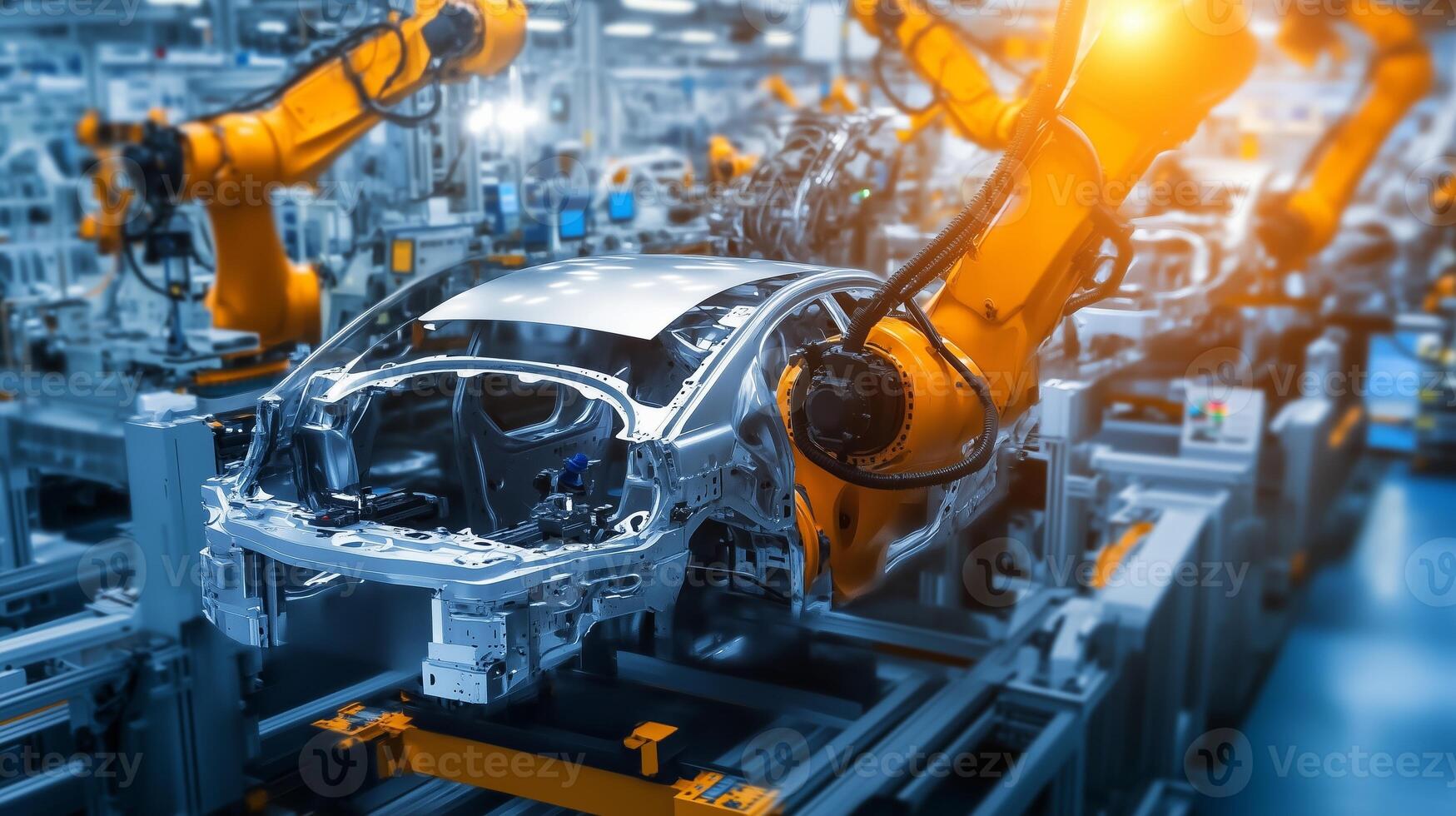 Robotic arms assembling a car chassis in a modern manufacturing facility during the daytime process photo