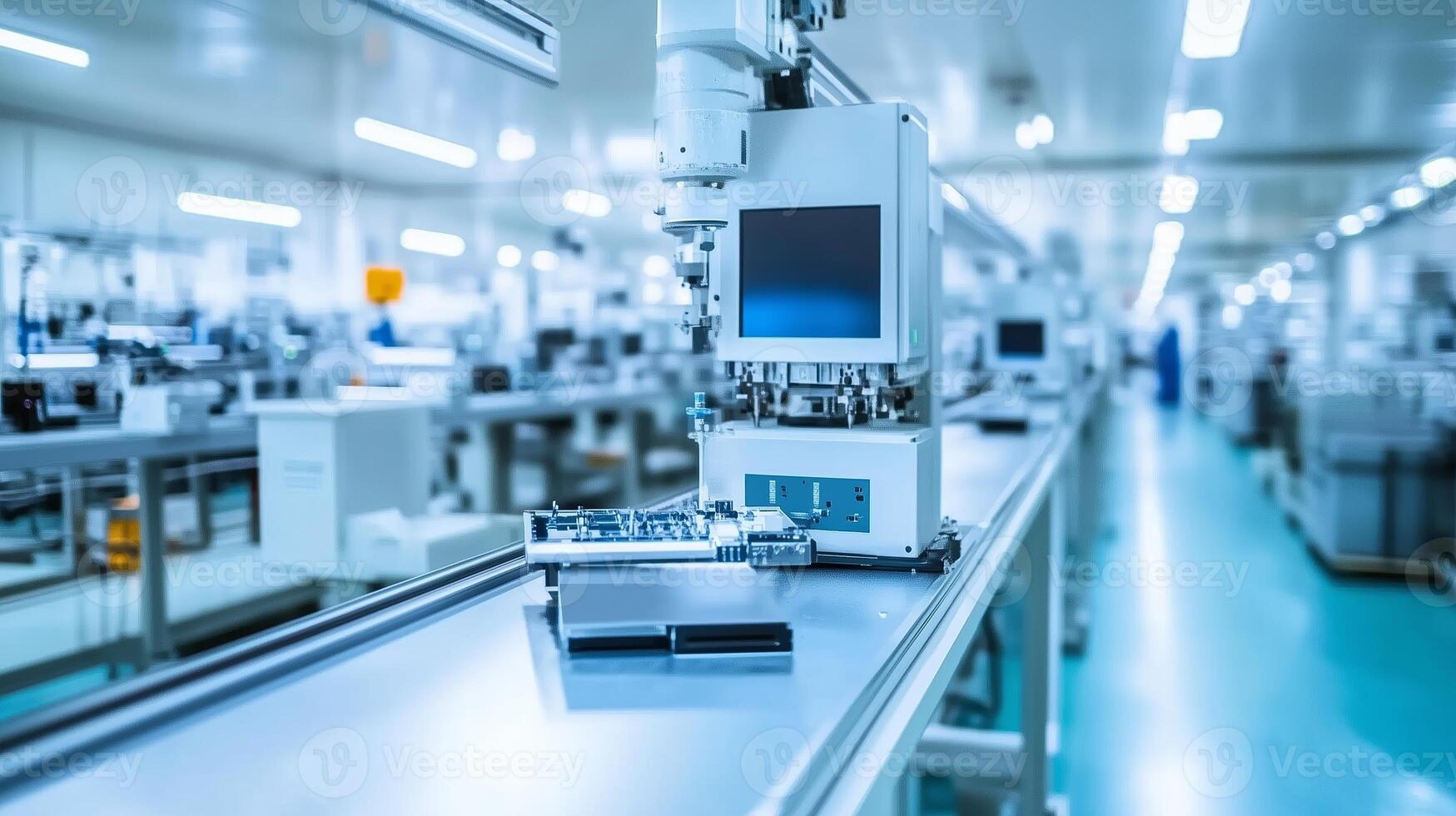 Advanced robotic arm assembling electronic components in a modern manufacturing facility photo