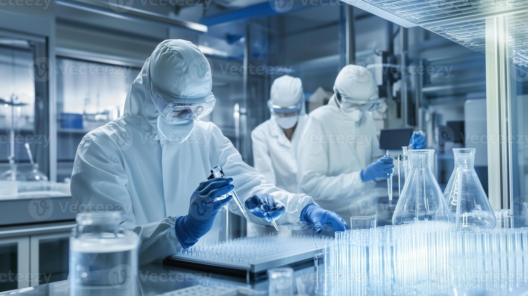Scientists conduct experiments in a modern laboratory using glassware and precise techniques during daylight hours photo