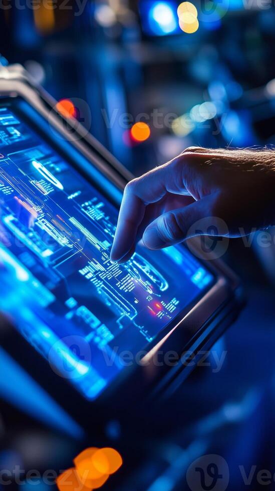 A close-up of a hand interacting with a futuristic touchscreen display in a dimly lit environment during a tech demonstration photo