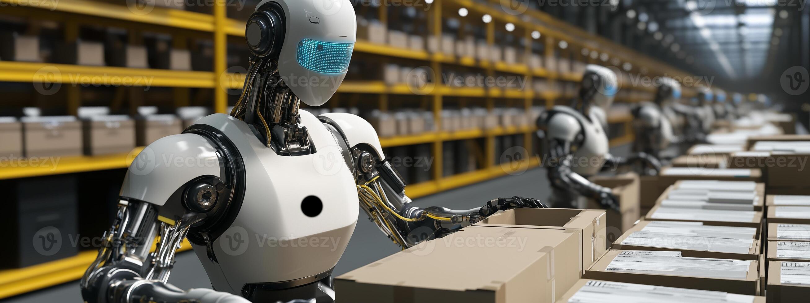 Robots assembling packages in a high-tech warehouse during the day photo