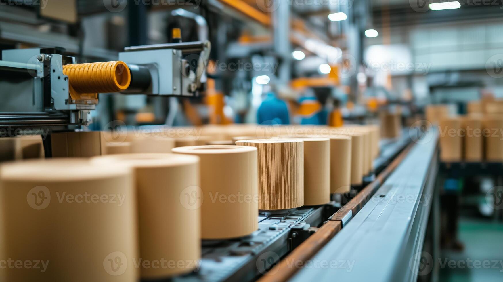 Industrial production line showcasing cylindrical wood products being processed in a modern factory environment during daylight hours photo