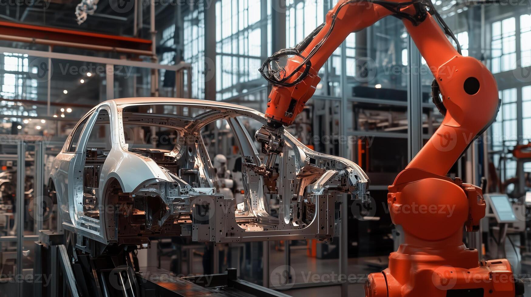 Robotic arm assembling a car frame in a modern automotive manufacturing facility during daytime operations photo