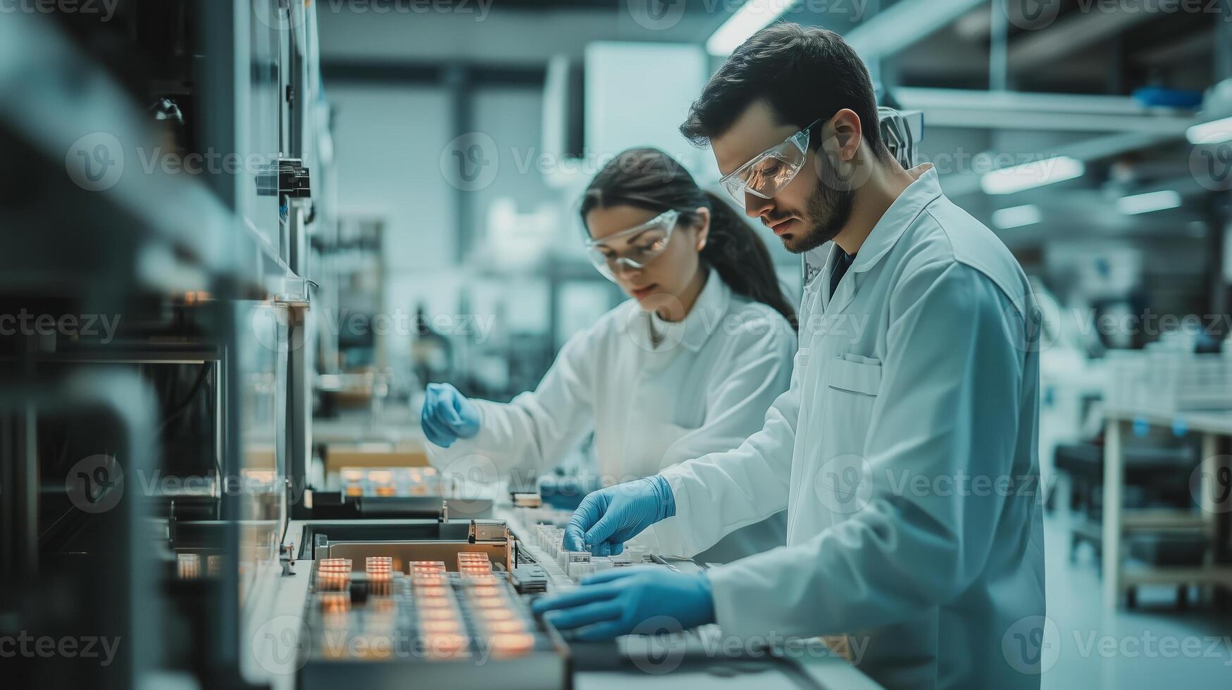 Scientists working diligently in a modern laboratory on advanced research for innovative technologies during daylight hours photo