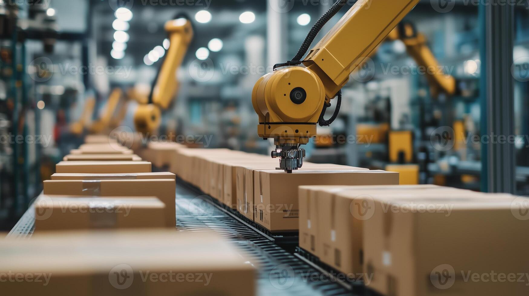Automated robotic arms handling packages on a conveyor belt in a modern warehouse during daytime operations photo