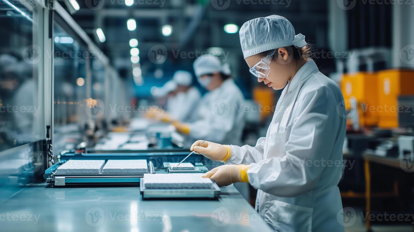 A worker in a cleanroom prepares electronic components in a high-tech facility during evening hours, focusing on precision and safety measures photo