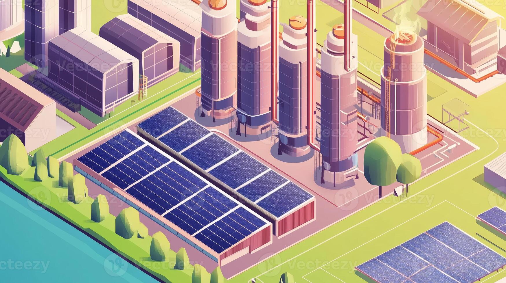 Aerial view of a solar power facility with modern energy conversion technologies at sunrise by a river photo