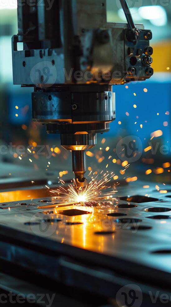 Industrial laser cutting machine creating sparks in a workshop during daytime operations with metal sheets photo