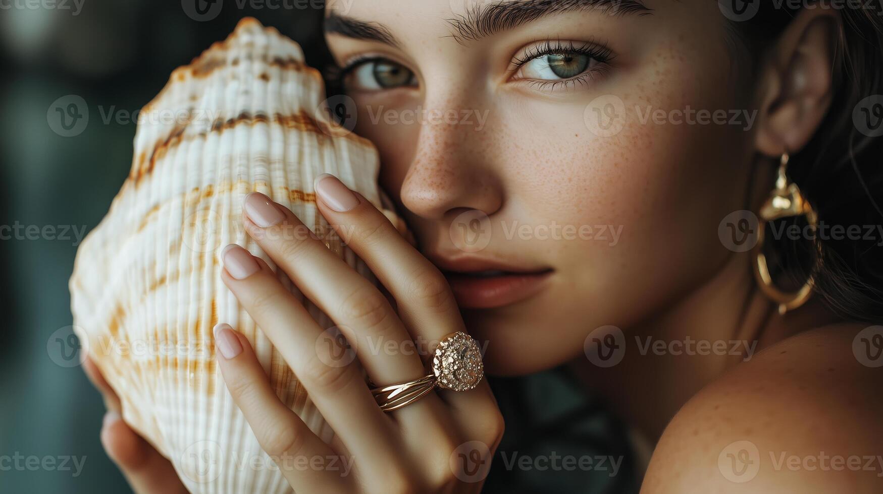 Young woman holding a large seashell while posing elegantly with golden jewelry in a serene indoor setting photo