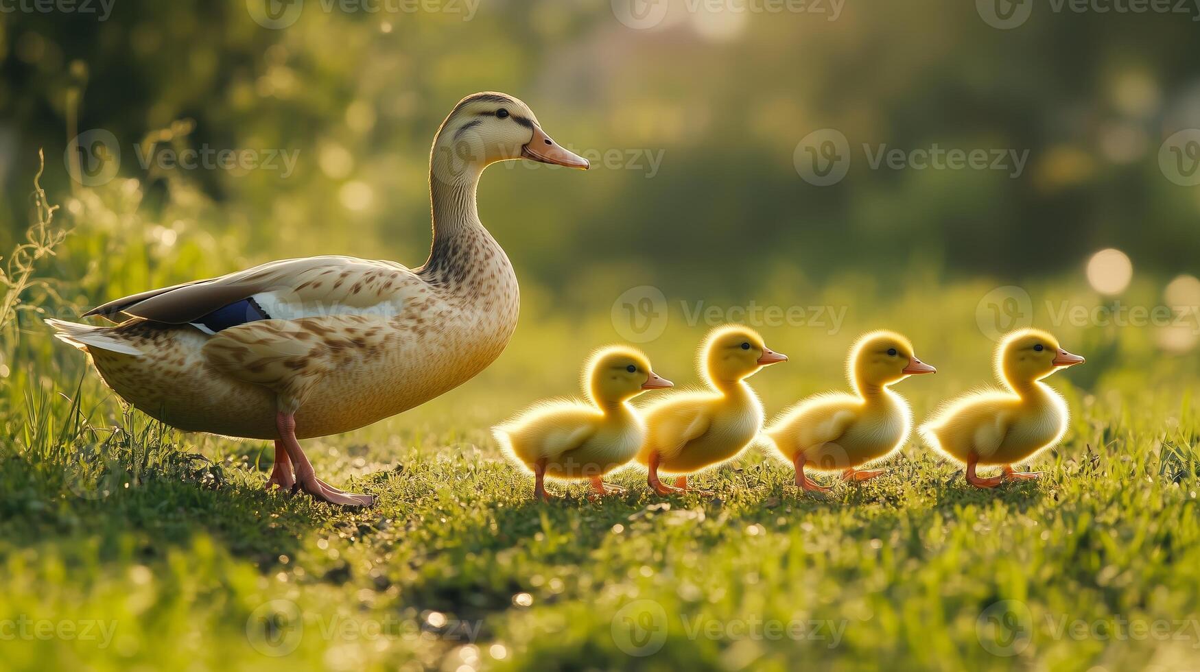 Mother duck leads her adorable ducklings along a grassy path during sunset in a serene park setting photo
