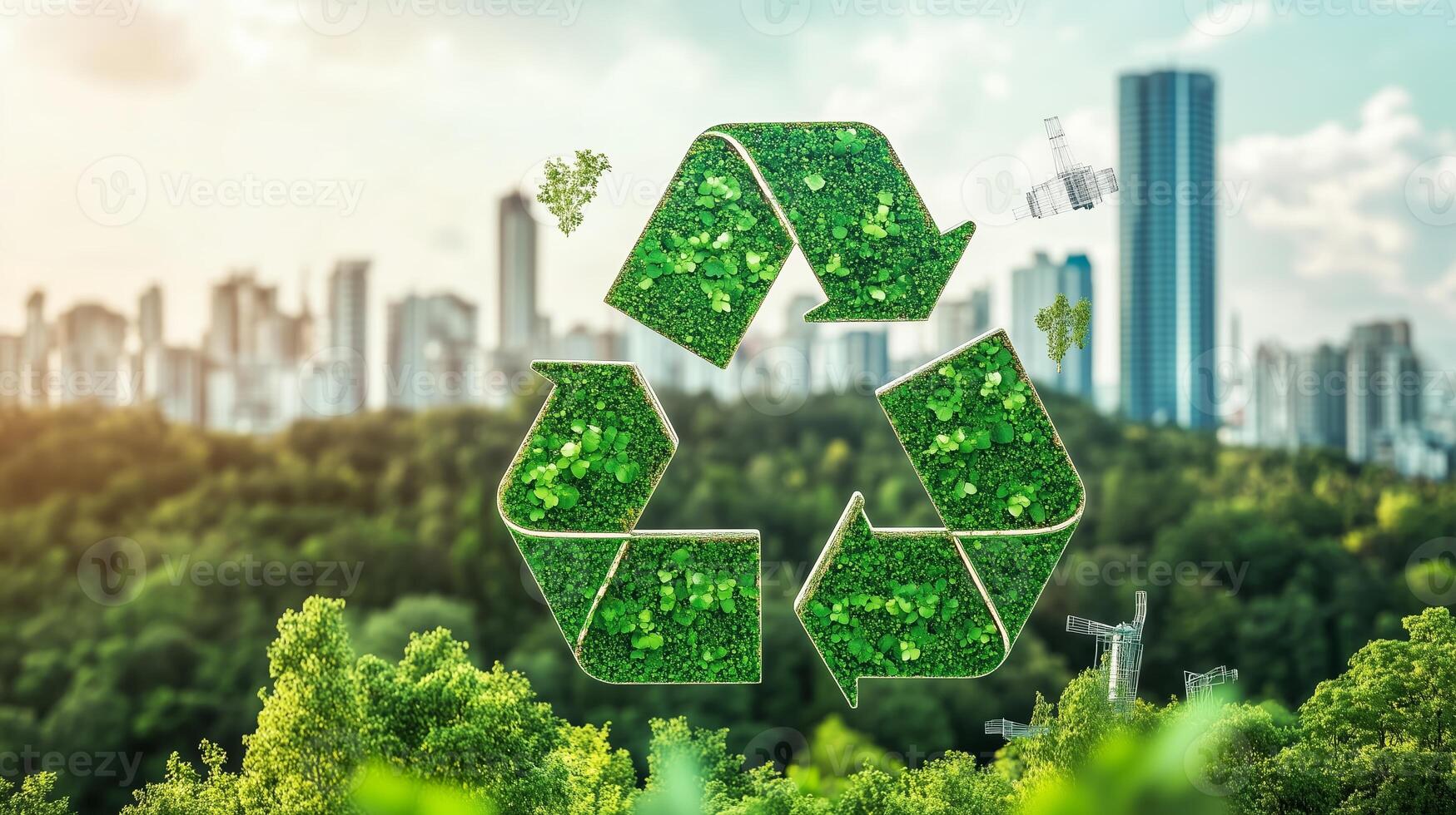 Recycling symbol made of greenery with a city skyline in the background during a bright, sunny day photo