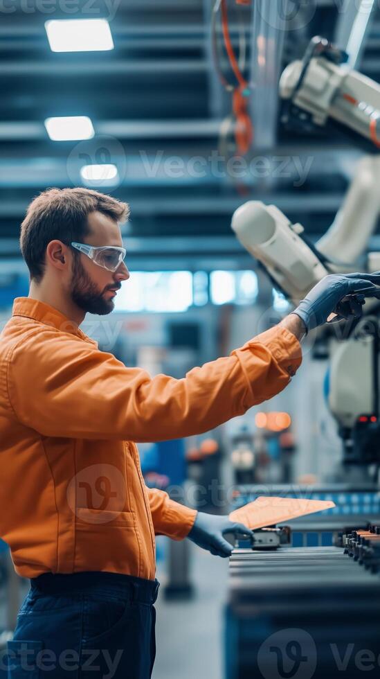A technician operates a robotic arm in a modern manufacturing facility during the daytime photo
