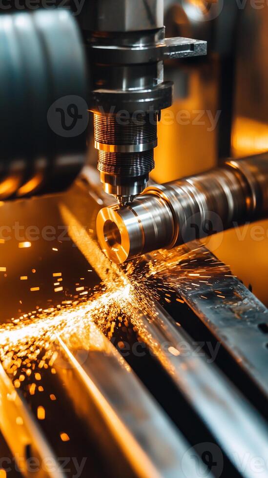 Precision machining process creating sparks in a workshop during afternoon hours with intricate metalwork photo