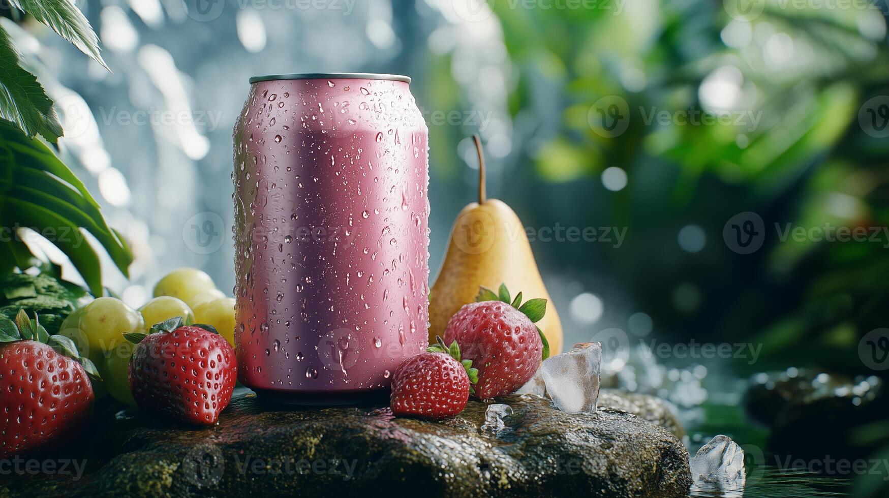 A pink beverage can surrounded by fresh fruits in a lush, tropical setting with shimmering water nearby photo