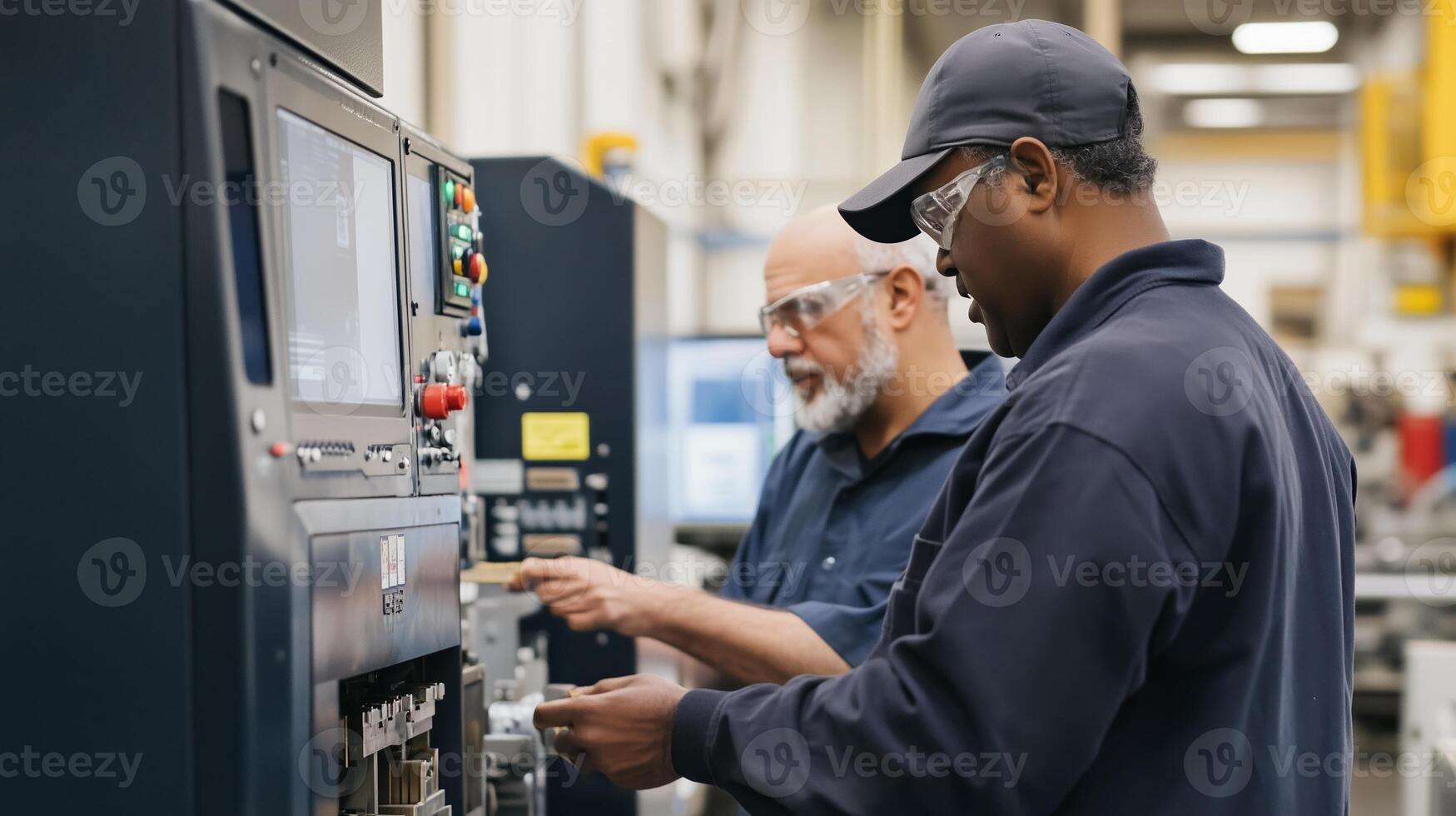 Workers collaborating at a manufacturing facility, adjusting machinery settings for production efficiency during daylight hours photo