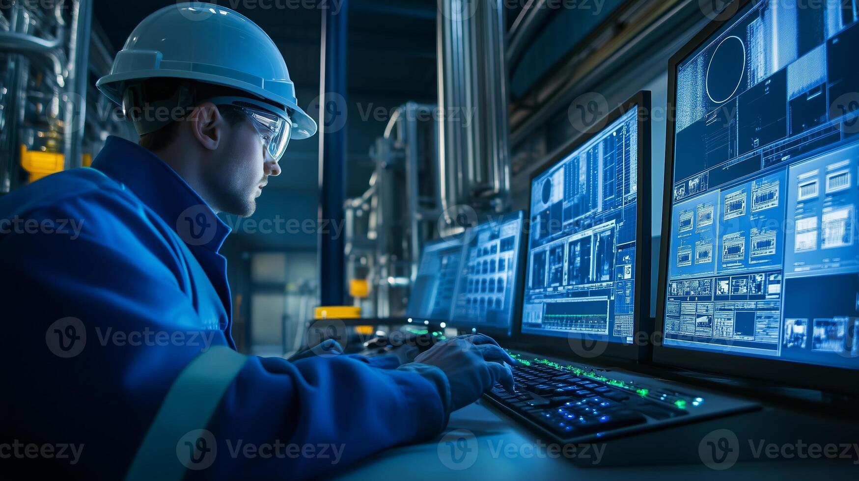 A technician monitors control systems in a high-tech facility during evening hours photo