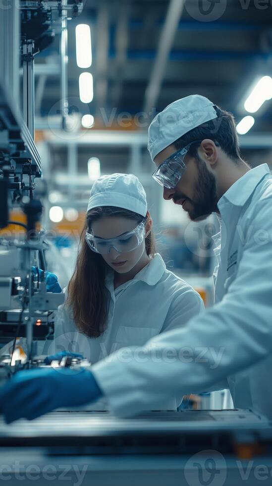 Two engineers collaborate on a technical project in a modern laboratory during a daytime research session photo