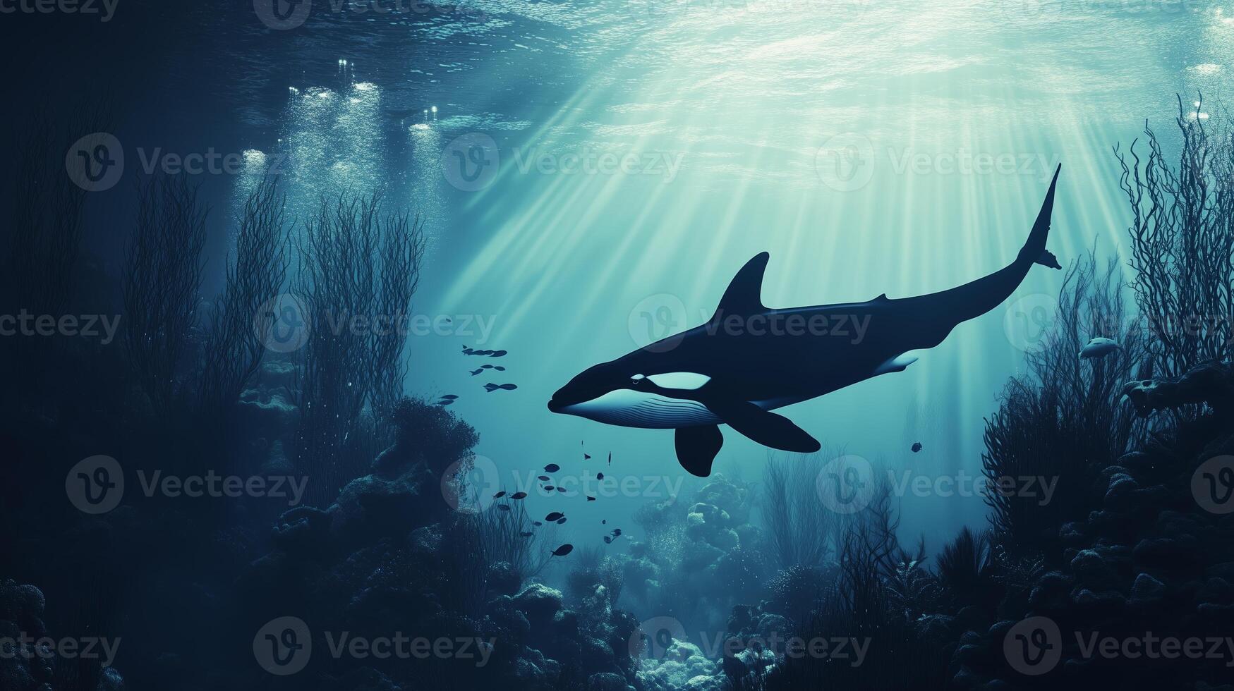An orca swims gracefully through a tranquil ocean with sunlight filtering down, showcasing underwater life and vibrant marine scenery photo