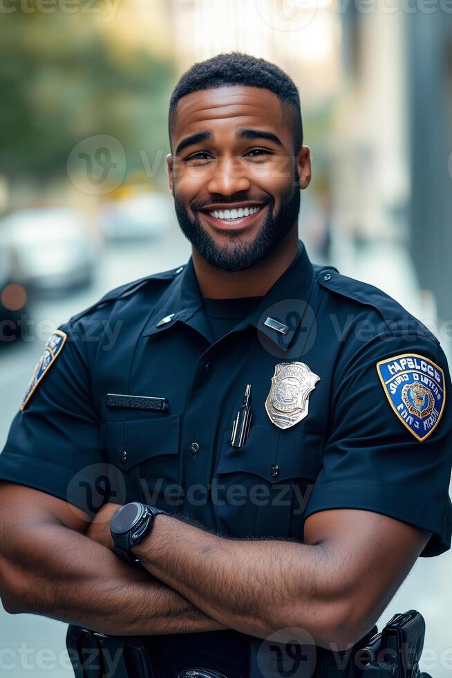 A smiling police officer stands confidently with arms crossed on an urban street during daylight hours photo