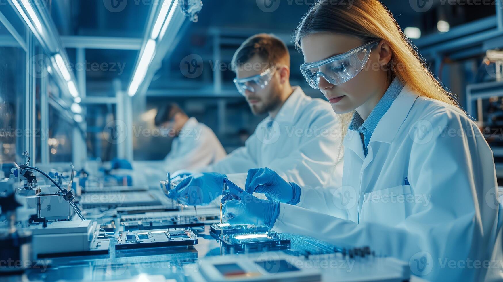 Scientists conduct precise experiments in a modern laboratory during the day, focusing on advanced technology and research photo