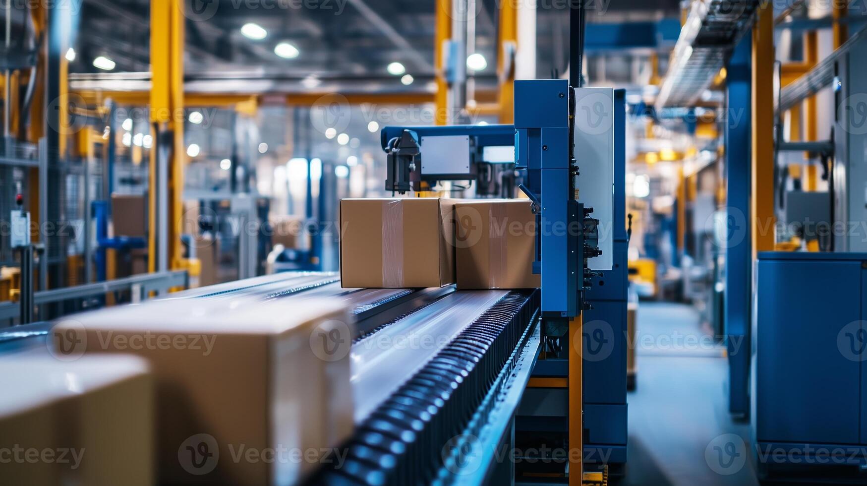 Packages moving on a conveyor belt in a busy warehouse during the day with automated machinery handling distribution tasks photo