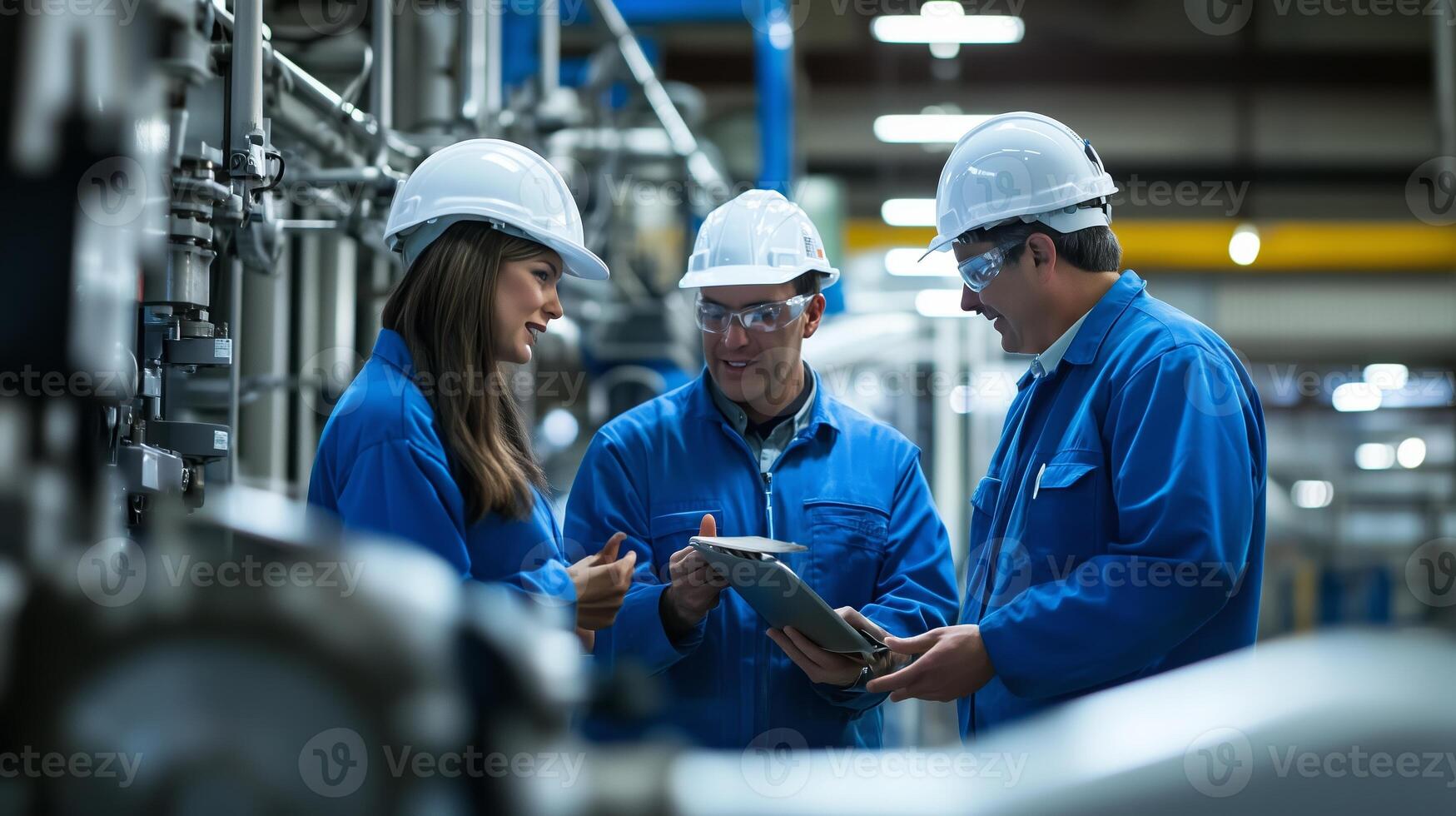 Team of engineers discussing a project in an industrial facility with pipes and machinery visible during the daytime photo