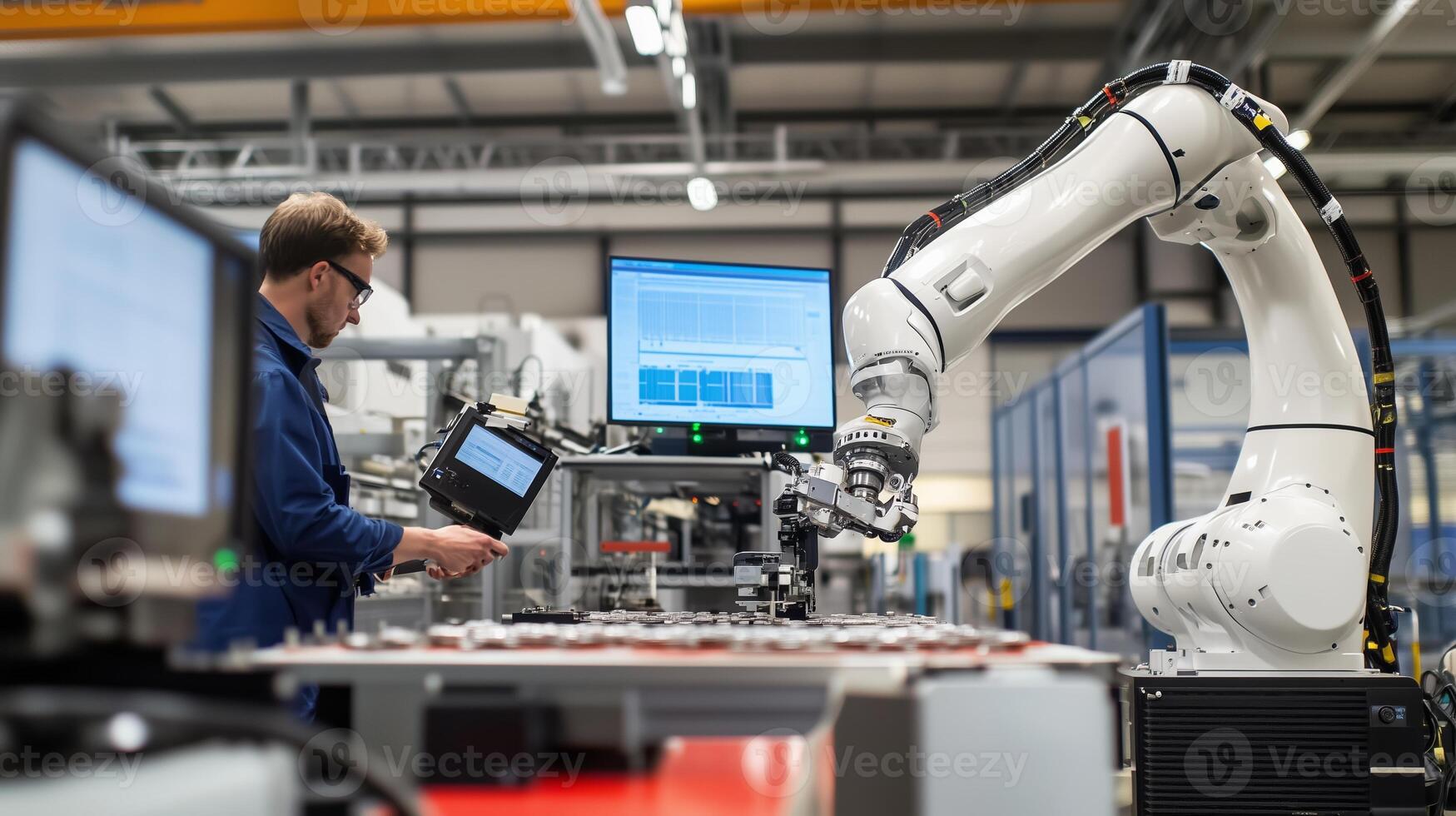 Technician operates robotic arm in a modern manufacturing facility during daytime photo