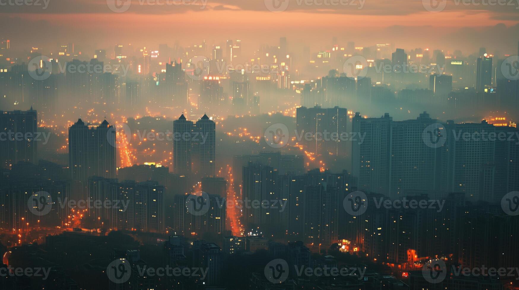 City skyline at dusk with illuminated buildings and mist creating a serene urban atmosphere in the twilight hour photo