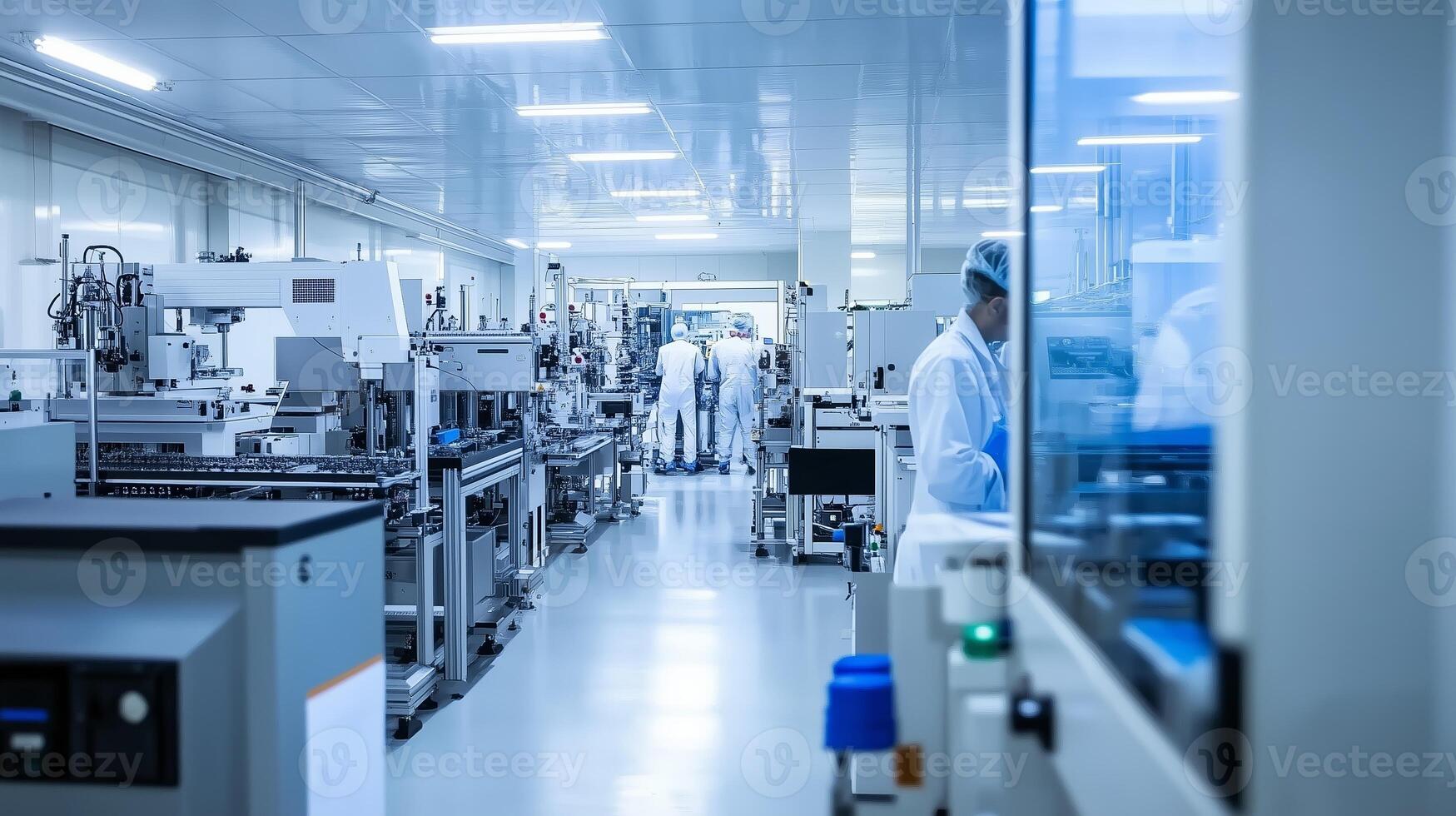 Cleanroom environment in a high-tech laboratory with scientists conducting research photo