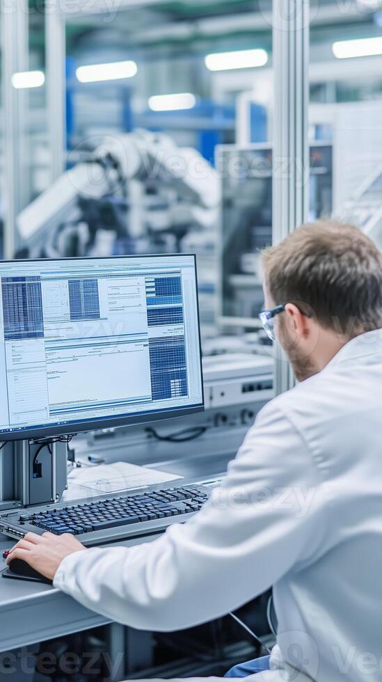 Researcher in a laboratory monitoring data on a computer screen during a technology development session photo