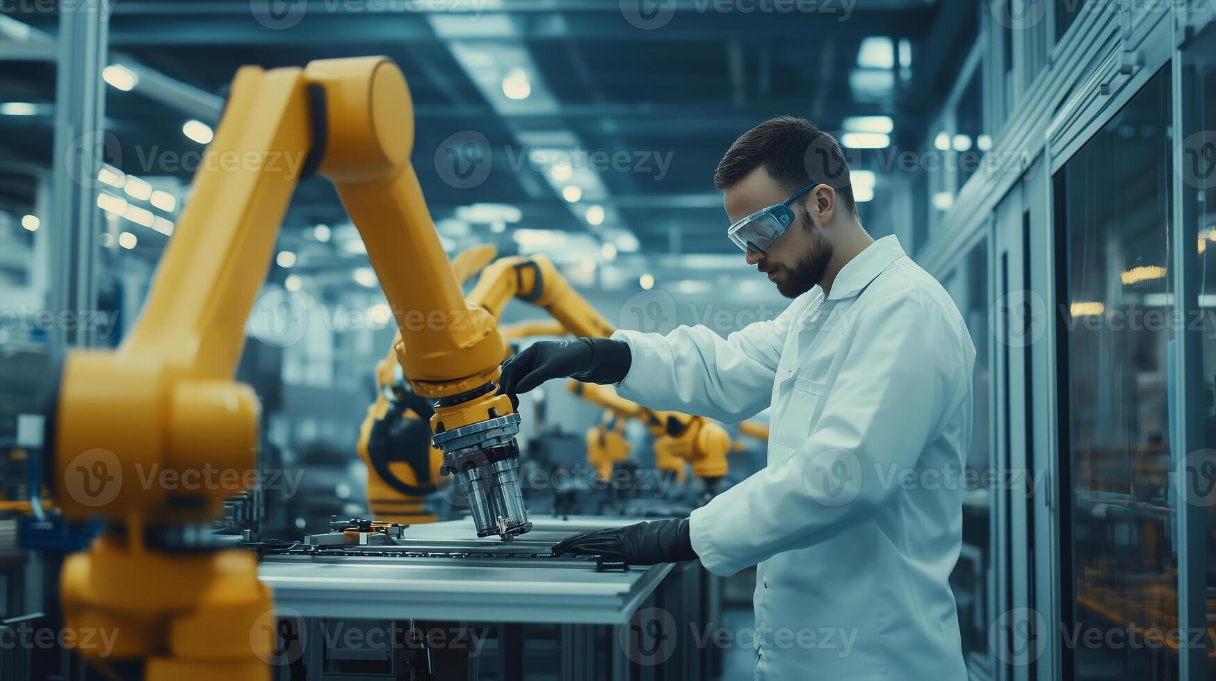 Technician operating industrial robotic arm in modern manufacturing facility during daytime production photo