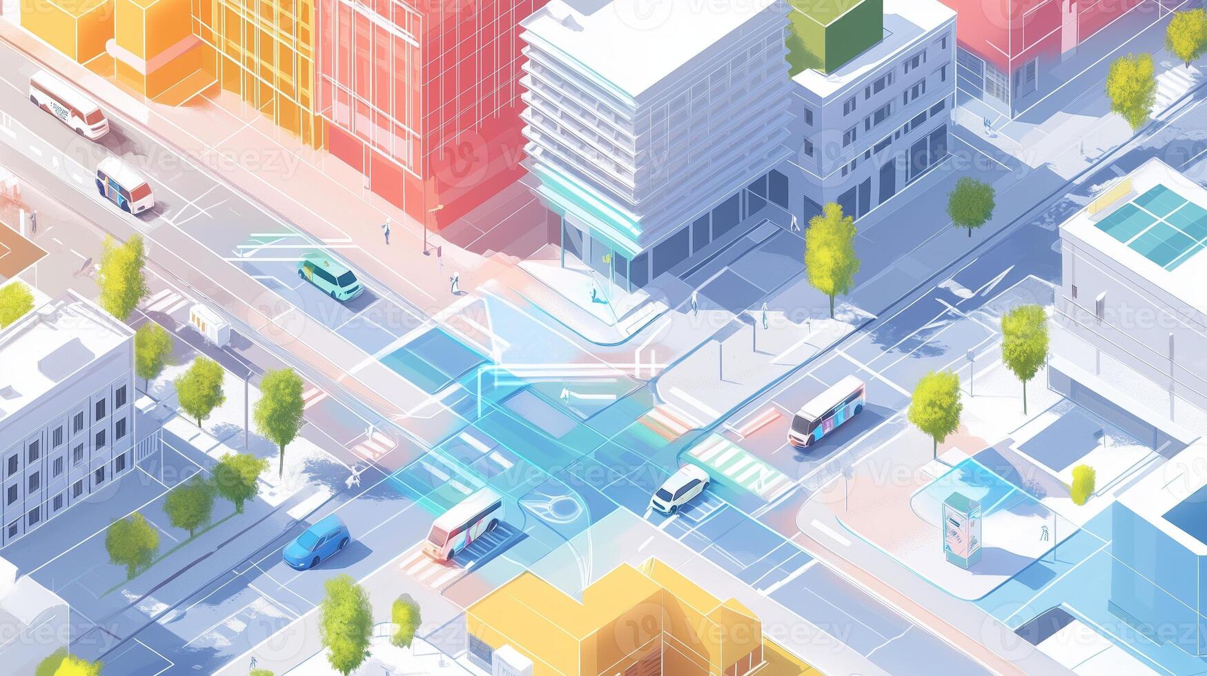 Aerial view of a modern urban intersection featuring traffic flow, pedestrians, and bustling city life during a sunny day photo