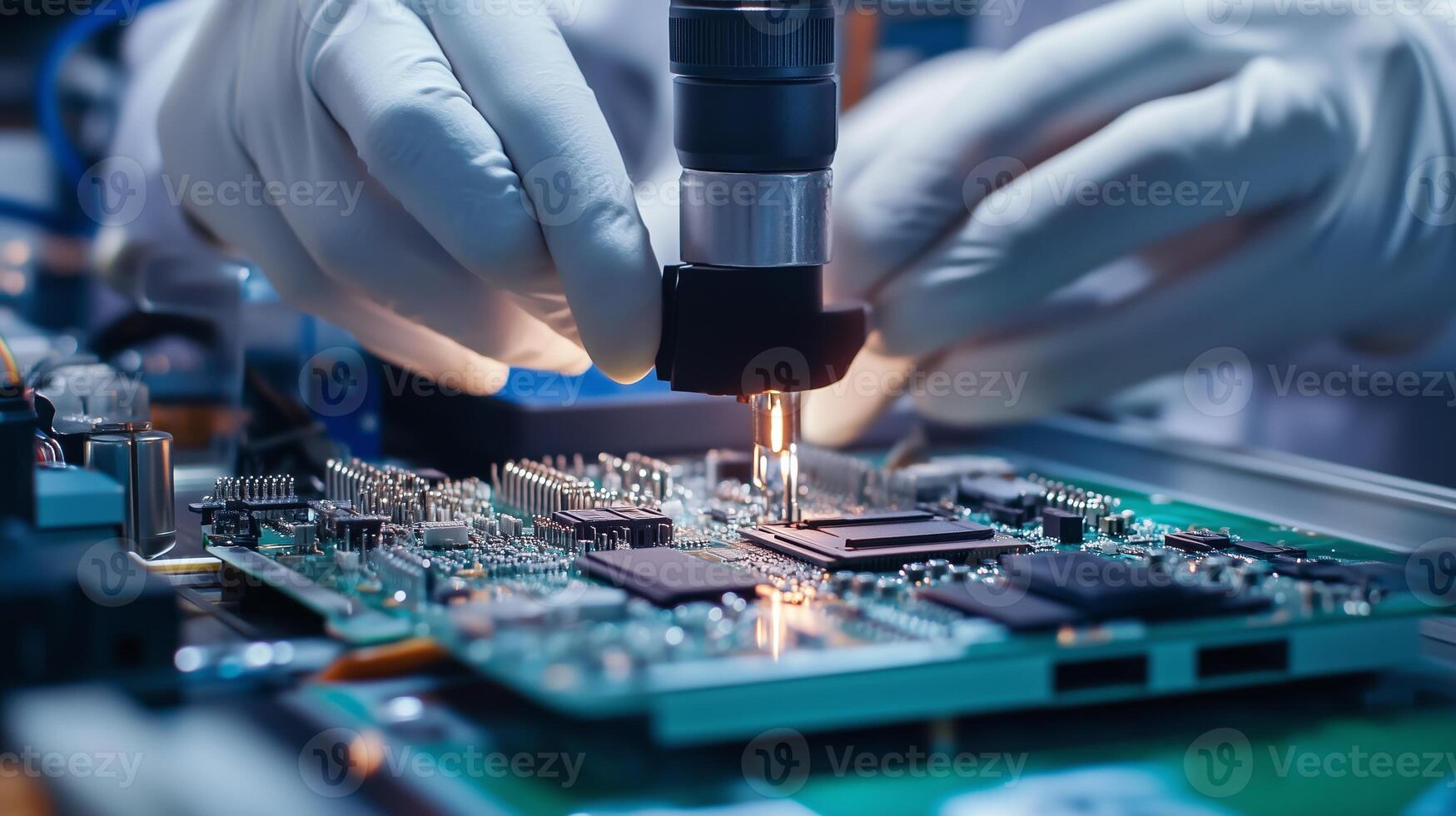 Technician performs precision work on electronic circuit board under focused light in a lab at a technology company photo