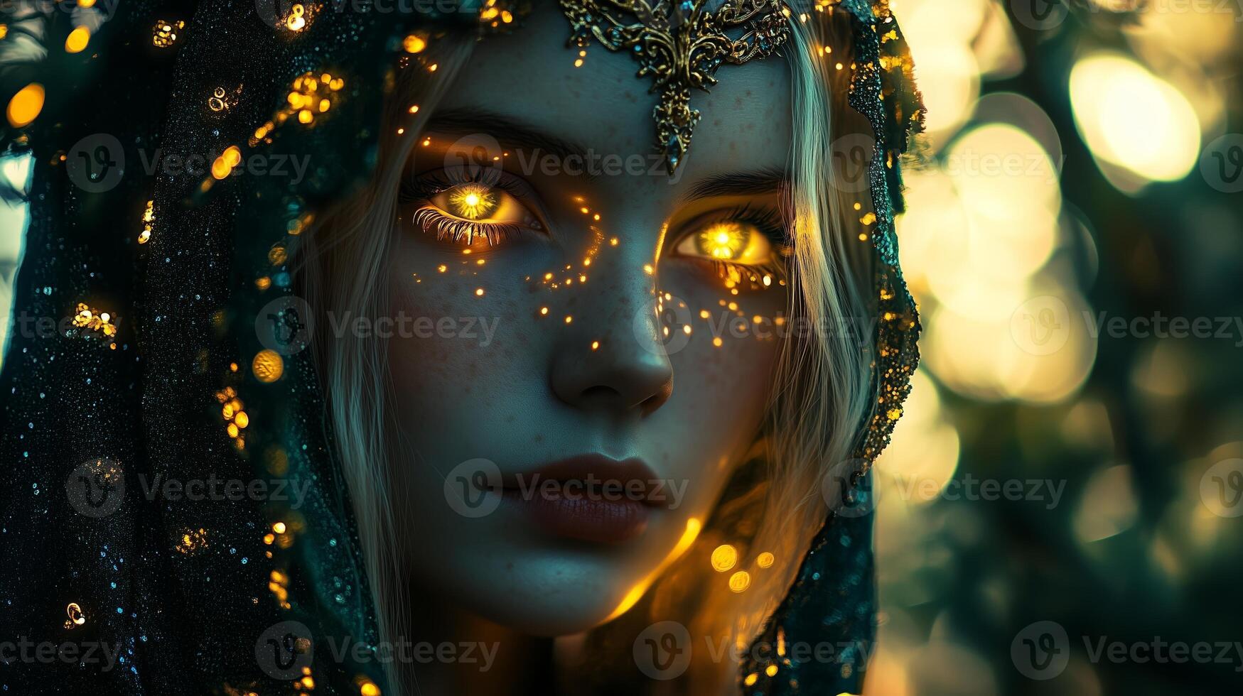 Enigmatic figure with glowing eyes and a mystical aura in a forest during twilight photo