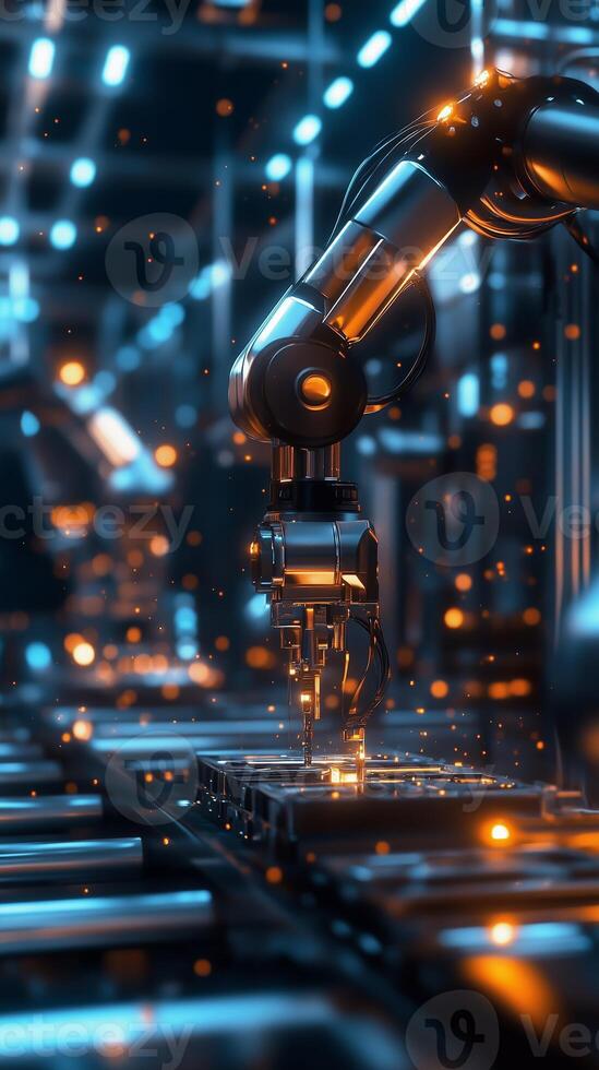 Advanced robotic arm performing precision assembly in a modern factory during evening shifts under ambient lighting photo