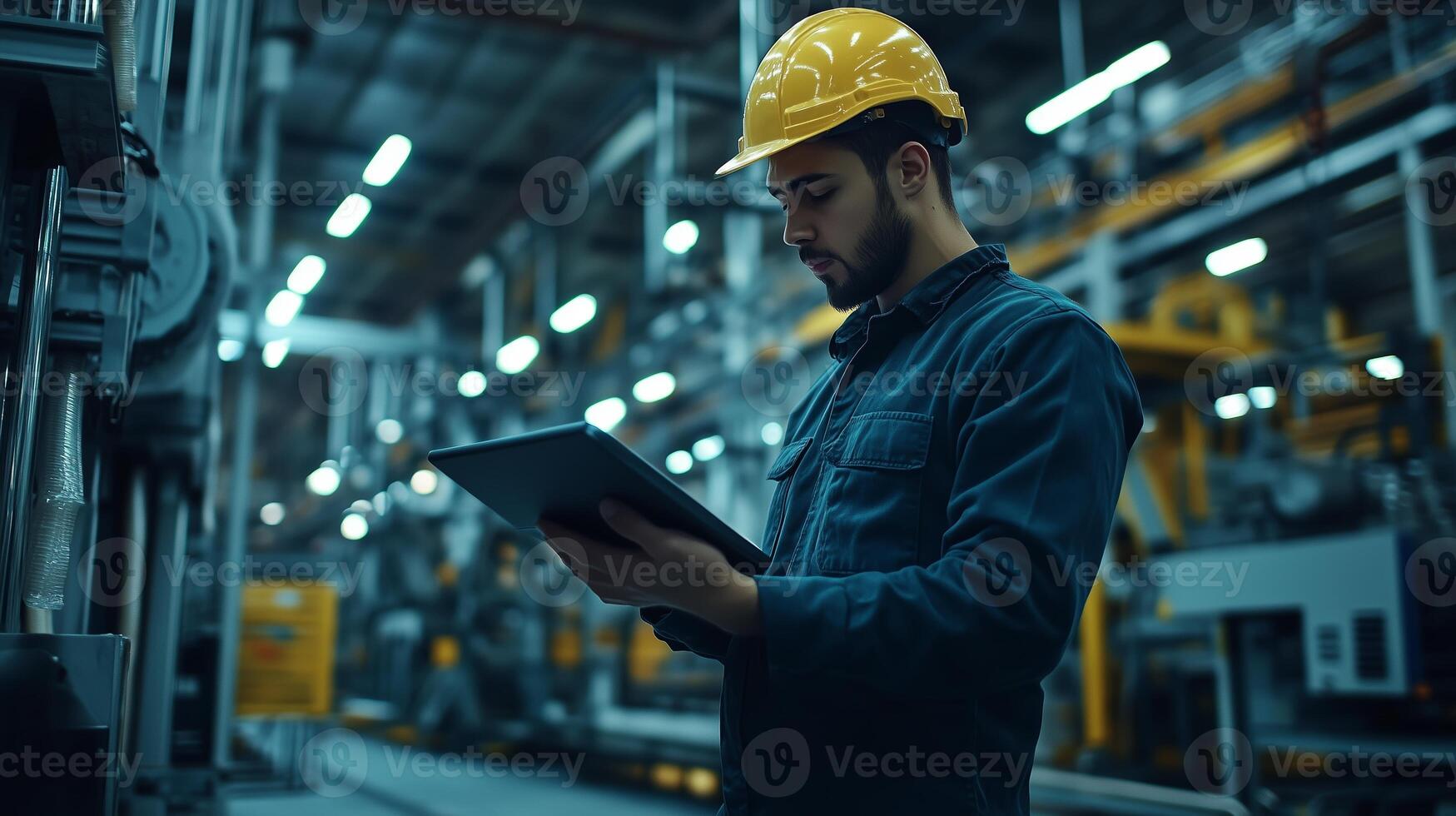 A worker in a safety helmet monitors machinery performance using a tablet in a busy industrial warehouse during the evening shift photo