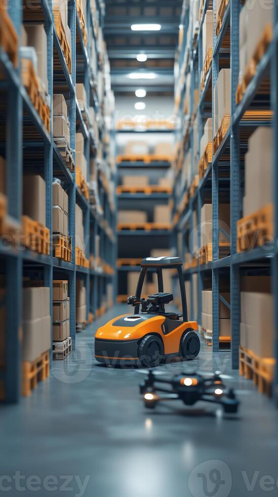Automated warehouse operation showcasing a small orange forklift and a drone maneuvering between stocked shelves during daytime photo