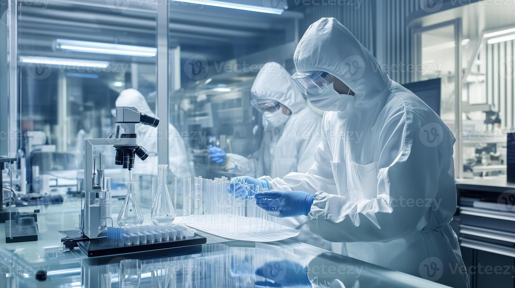 Researchers in lab coats conduct experiments in a high-tech laboratory during a late-night research session on biological samples photo