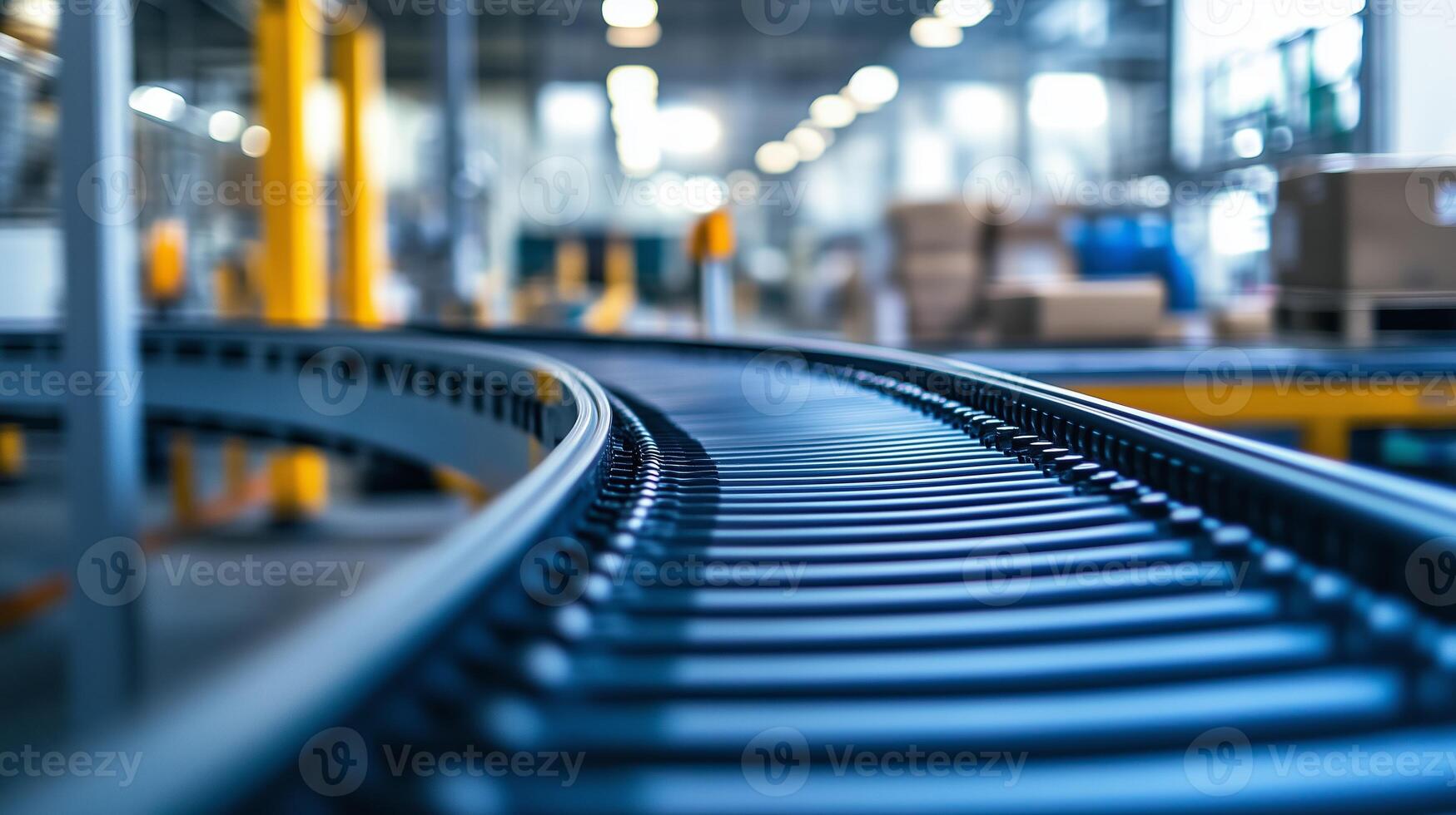 Curved conveyor belts transporting goods in a modern warehouse during daylight hours, showcasing efficient logistics operations photo