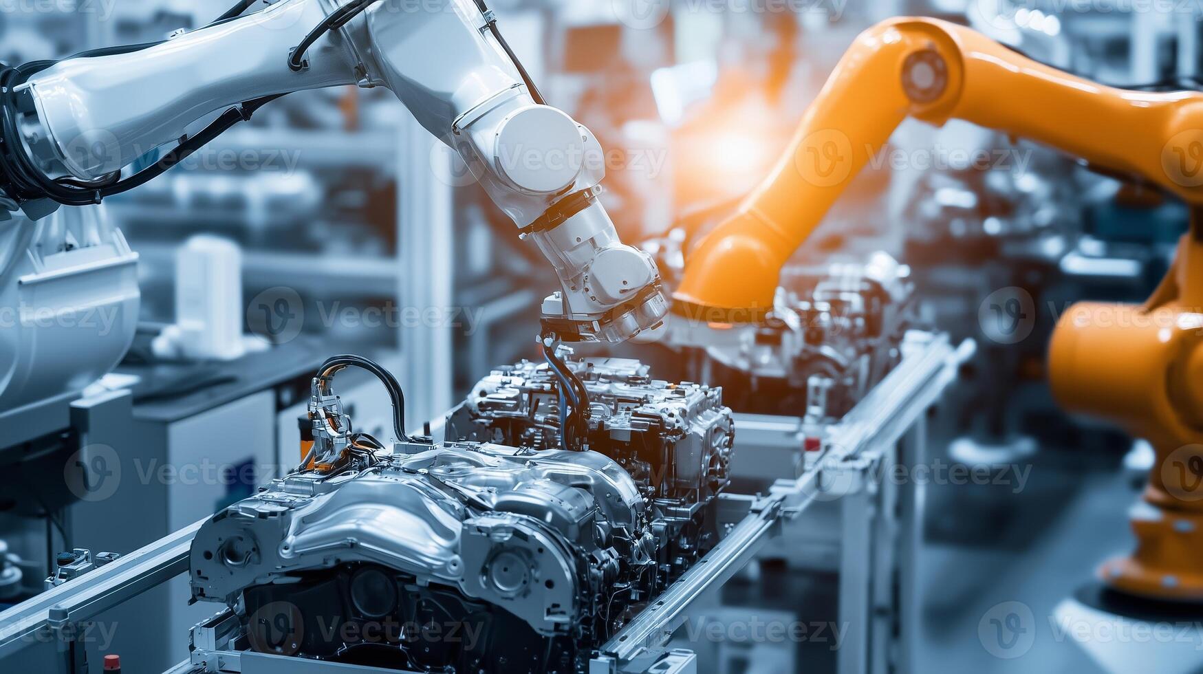 Robotic arms assembling engines in a modern manufacturing facility during daytime operations photo
