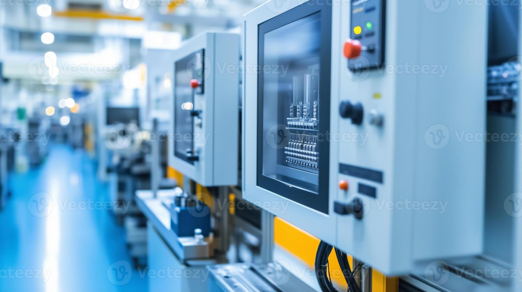 A close-up view of industrial control panels in a high-tech manufacturing facility showcasing automation technology photo