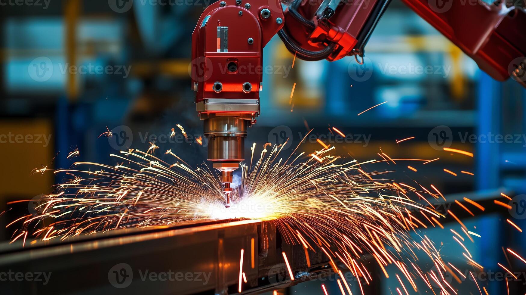 A robotic arm performing precision welding in a modern industrial setting, creating sparks in a manufacturing facility photo