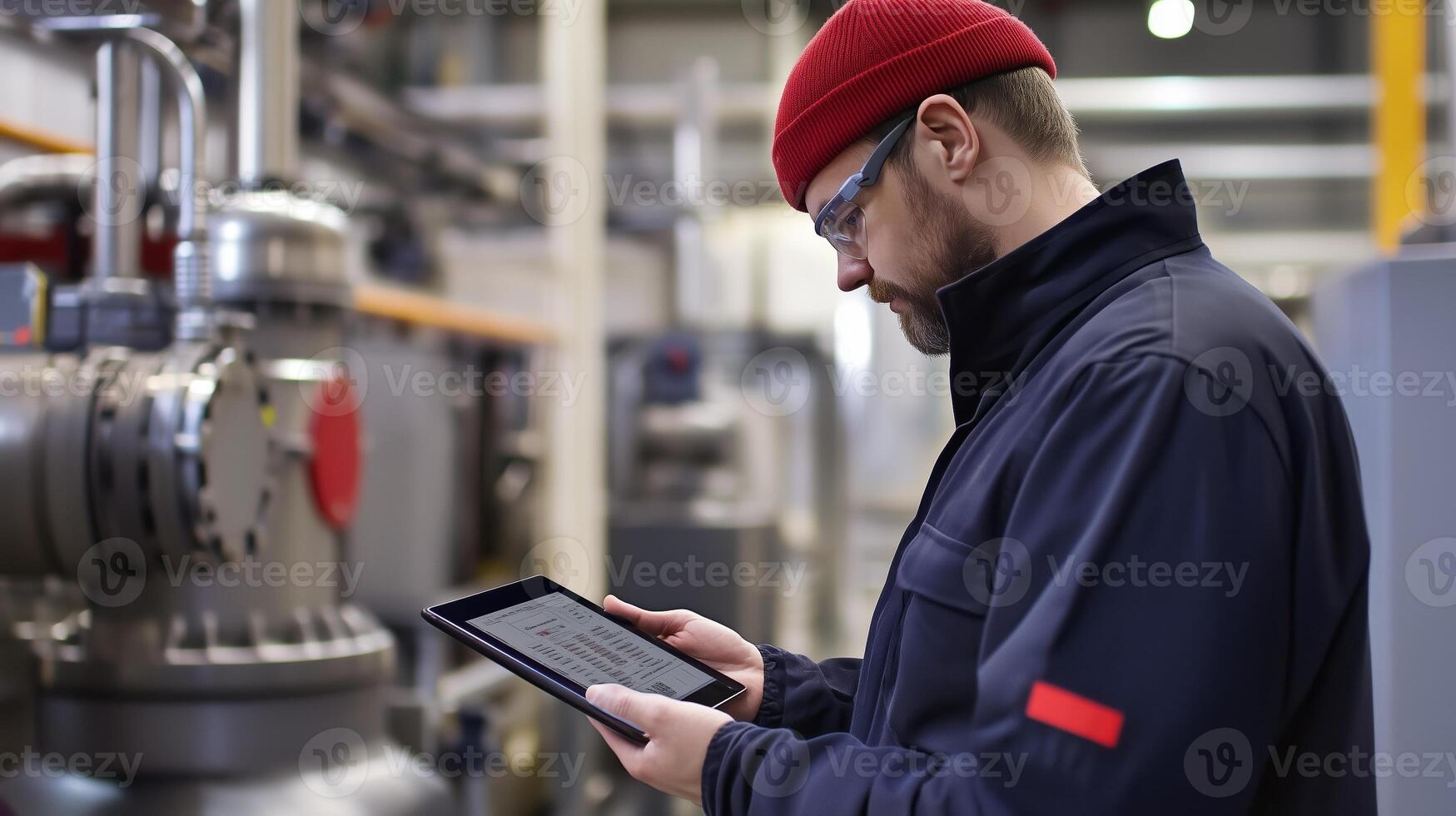 Worker in industrial setting using tablet to monitor equipment performance at a manufacturing plant during daylight hours photo