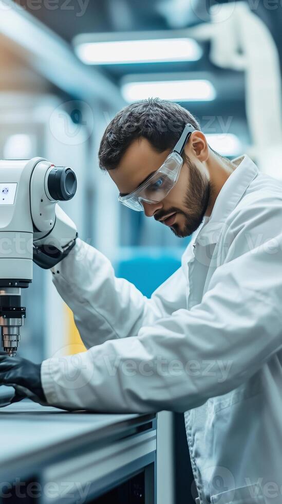 Scientist working with robotic technology in a research lab during the daytime to develop innovative solutions and advancements photo